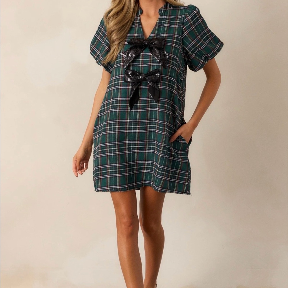 Plaid Dress with Black Sequin Bow Accents